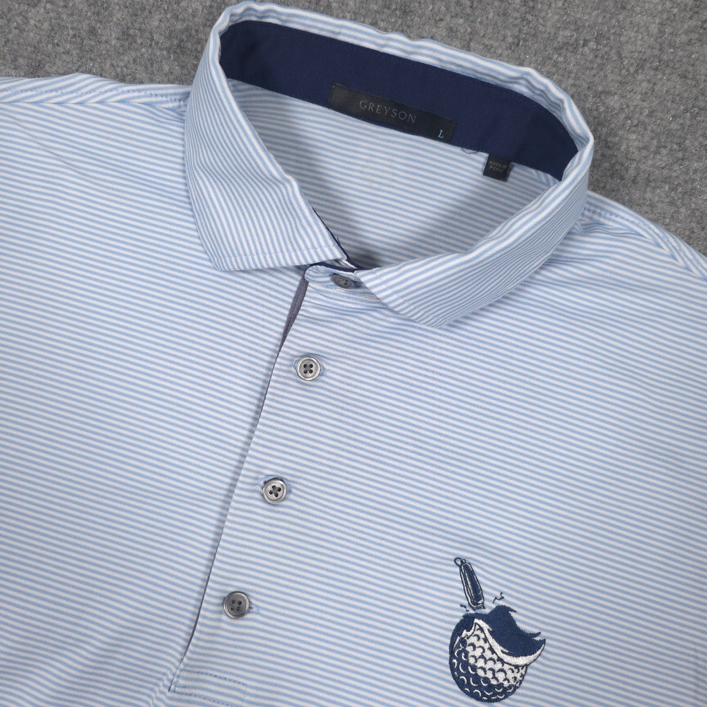 Greyson Polo Shirt Mens L Blue Striped Brave the Shave Charity Golf Tournament